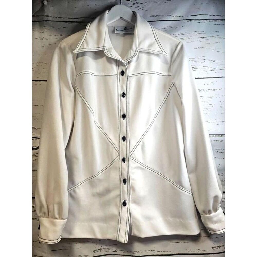 Vintage 70s Herman Marcus Dallas Contrast Stitch Dagger Collar Top L